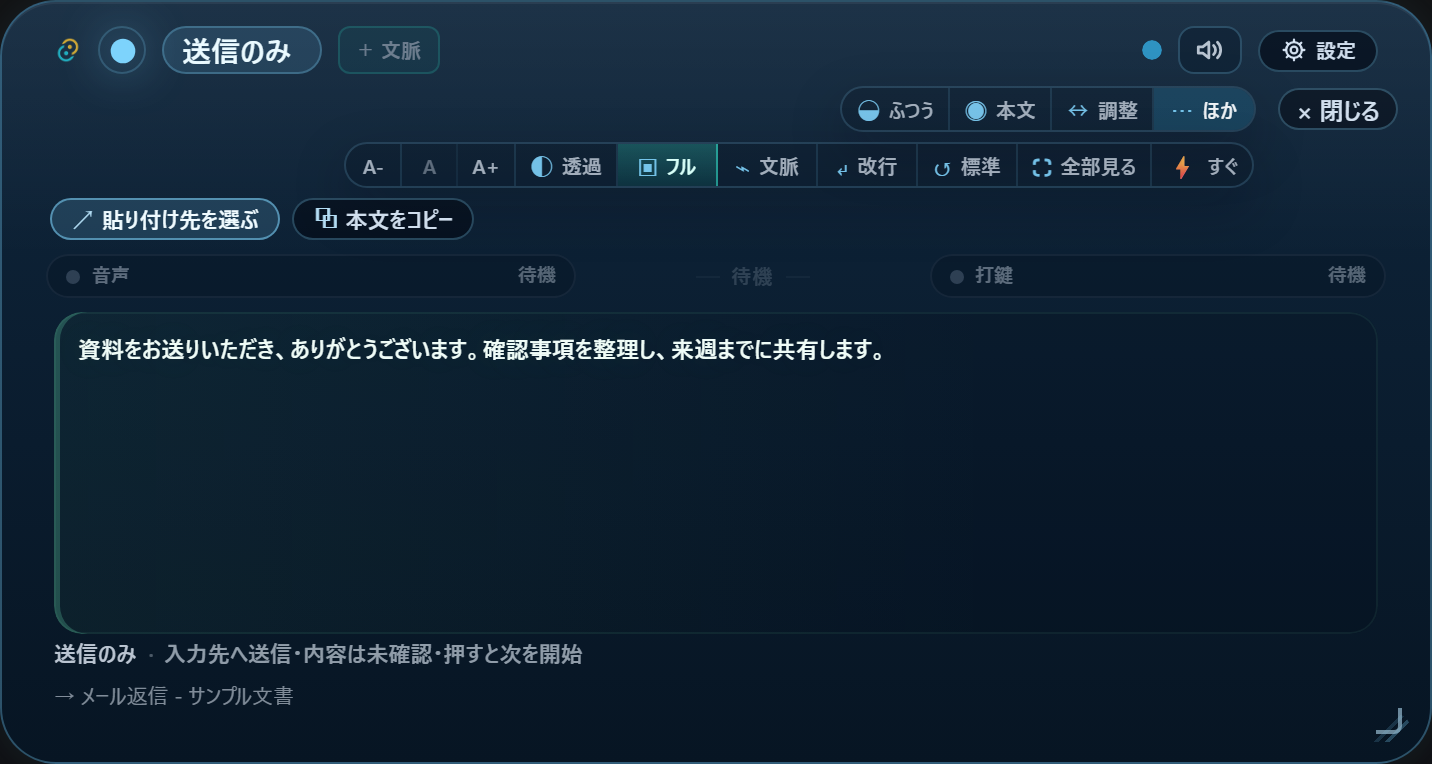 Fusion Padの貼り付け後の画面。整えた本文の下に「→ メール返信 - サンプル文書」と入力先が表示され、「貼り付け先を選ぶ」「本文をコピー」のボタンが並ぶ。サンプル入力。